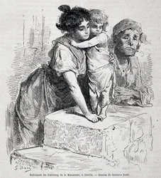 Familie aus dem Vorort Macarena in Sevilla - gezeichnet von Gustave Doré, in „Le Tour du monde“, 2. Woche 1865