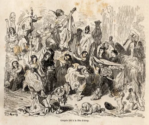 Feste des Heiligen Georg, Schutzpatron der Stadt Alcoy, Skizze von Gustave Doré (1832-1883), zur Illustration seiner Reise nach Spanien im Jahr 1862 mit Ch. Davillier. Gravur in „Le tour du monde“, herausgegeben von Edouard Charton