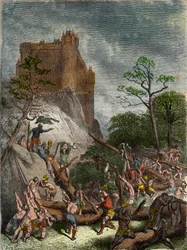Feudalismus im Mittelalter: Leibeigene arbeiten für den Herrn - Stich von Gustave Doré aus dem 19. Jahrhundert in „Illustrierte Nationalgeschichte Frankreichs von den ältesten Zeiten bis zur Gegenwart“, 1876 - Privatsammlung