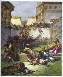 Fremde von Löwen in Samaria verschlungen - Altes Testament. Menschen von Löwen in Samaria verschlungen - Gravur in „Die illustrierte Bibel“ von Gustave Doré (1832-1883)