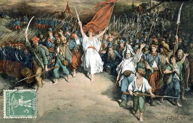 Französische Republik führt das französische Volk zum Kampf gegen die Preußen, Zeichnung von Gustave Dore (1870), Postkarte