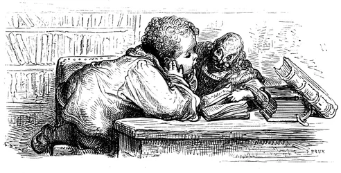 Gargantuas Erziehung: Er lernt mit seinem Lehrer lesen. Illustration von Gustave Doré für das Werk von François Rabelais.