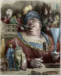 Gargantua, Figur aus den Romanen des französischen Schriftstellers François Rabelais (1494-1553). Illustration von Gustave Doré (1832-1883).