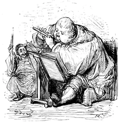 Gargantua-Erziehung: Der junge Herr lernt Flöte spielen mit seinem Musiklehrer. Gravur von Gustave Doré zur Illustration des Werks von Rabelais.