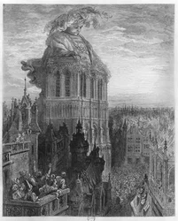 Gargantua auf den Türmen von Notre-Dame in Paris, Illustration aus „Gargantua“ von François Rabelais (1494-1553), gestochen von Pannemaker