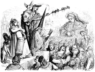 Gargantuas Erziehung: Gravur von Gustave Doré, die das Werk von Rabelais illustriert