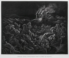 Gideon greift die Midianiter nachts an, Illustration aus der Dore-Bibel