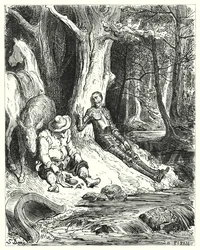 Gustave Dorés Don Quixote: "Ein klarer Brunnen, den Don Quixote und Sancho unter einigen grünen Bäumen fanden, diente ihnen zur Erfrischung"