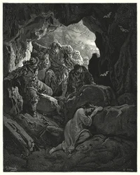 Don Quijote: "Eine Gruppe mit Offizieren wird ausgesandt ... die die arme verliebte Leandra in einer Höhle eines der Berge finden" (Gravur)