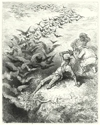 Don Quijote: "Eine unendliche Anzahl von übergroßen Krähen und Dolen kam aus der Höhle gestürzt und flatterte heraus" (Gravur)