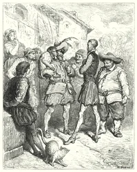 Don Quijote: "Bei diesen Worten stand Don Quijote erstaunt da" (Gravur)