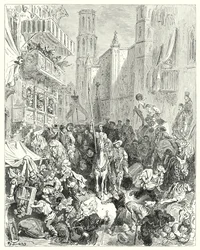 Gustave Dorés Don Quixote: "Sie schlossen ihn in die Mitte ihrer Brigade ein und führten ihn in Richtung Stadt" (Stich)