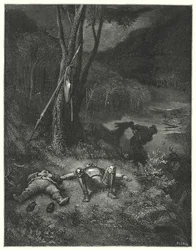 Gustave Dorés Don Quixote: "Gines, der weder Dankbarkeit noch Menschlichkeit kannte, beschloss, mit Sanchos Esel wegzureiten"