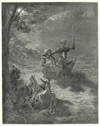 Gustave Dorés Don Quixote: "In solchen Gesprächen verbrachten sie einen großen Teil der Nacht" (Stich)