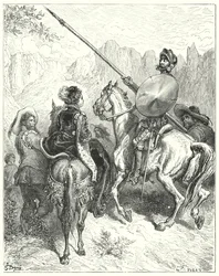 Gustave Dorés Don Quixote: "Nun, Dame," sagte Don Quixote, "lassen Sie mich Ihre Größe bitten, mir zu sagen, welchen Weg wir gehen müssen, um Ihnen zu dienen" (Stich)