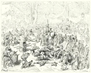 Don Quijote: "Der arme Sancho folgte seinem Herrn mit schwerem Herzen" (Gravur)