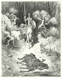 Gustave Dorés Don Quixote: "Sie kamen zu einem Park, wo sie ein totes Maultier fanden"