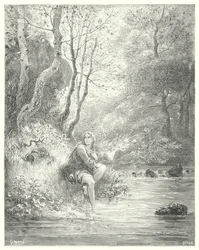 Gustave Dorés Don Quixote: "Sie entdeckten einen jungen Mann in ländlicher Kleidung, der am Fuße eines Felsens hinter einem Eschenbaum saß"