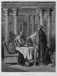Haman wird von Königin Esther angeklagt, Illustration aus der Dore-Bibel