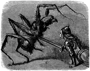 Illustration von Gustave Doré (1832-1883) für Ernest Lepines Buch „Die Legende von Croquemitaine“ (1863) - Vor diesem Bild eines Schwertkampfes gegen eine gigantische Spinne kann man nicht anders, als an den Kampf von Frodo und Kankra in Tolkiens Werk zu d