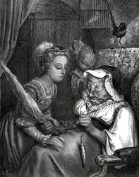 Illustration von Gustave Doré für ein Märchen von Charles Perrault: Dornröschen. Die Prinzessin wird sich an der Spindel einer alten Frau stechen.