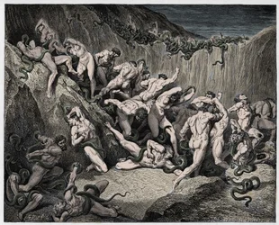 Inferno, Gesang 24: Die Diebe von Schlangen gequält, Illustration aus "Die Göttliche Komödie" von Dante Alighieri, 1885
