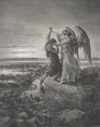 Jakob ringt mit dem Engel, Genesis 32:24-32, Illustration aus Dores 