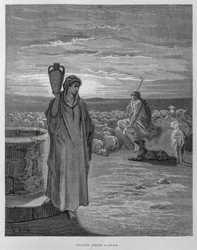 Jakob sieht Rahel am Brunnen von Labans Haus, Illustration aus der Dore-Bibel