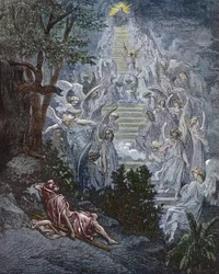 Jakobs Traum - Jakobs Traum (Jakobs Leiter) - Gravur in „Die illustrierte Bibel“ von Gustave Doré (1832-1883) - Gravur aus „Die Doré-Bibel“.