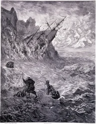Je traverse les mers... Planche X - Illustration von Gustave Doré (1832-1883), für La légende du Juif errant von Pierre Dupont, Ausgabe Librairie du magasin pittoresque, Paris 1862