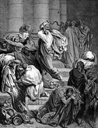 Jesus Christus vertreibt die Händler aus dem Tempel. Illustration von Gustave Doré