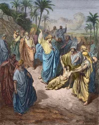 Jesus Christus heilt einen jungen Besessenen - Jesus heilt den Wahnsinnigen - Farbgravur nach Gustave Doré