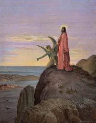 Jesus in der Wüste, der Versuchung durch den Teufel ausgesetzt - Die Versuchung Christi - Satan versuchte Jesus - gestochen von Gustave Doré - spätere Kolorierung