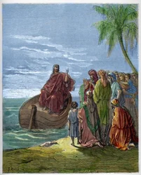 Jesus predigt am See Genezareth (Genesareth, Ginosar oder Kinneret) (Tiberiassee) - Jesus predigt am See Genezareth - Stich in „La Bible illustrée“ von Gustave Doré (1832-1883) - Stich aus „The Doré Bible“