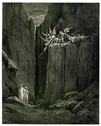 Die Hölle (Die göttliche Komödie) von Dante Alighieri, illustriert von Gustave Doré. Ausgabe Hachette 1861. Französische Übersetzung von Pier-Angelo Fiorentino. Dante und Virgil gegenüber den Dämonen: Kaum hatten seine Füße den Grund erreicht - Des Bodens 