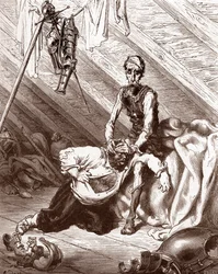 Die schlechten Wirkungen des Elixiers von Fierabras (Gravur von Gustave Doré für „Der sinnreiche Junker Don Quijote von der Mancha“ von Miguel de Cervantes 1863)