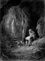 Merlin entdeckt von den Offizieren König Arthurs im Broceliande-Wald (Zyklus der Ritter der Tafelrunde) - in „Viviane“ von Alfred Tennyson, Illustration von G. Doré