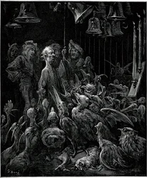 Auf der Insel Sonnante lässt Panurge die Vögel durch das Läuten der Glocken singen - Illustration von Gustave Doré für die vollständigen Werke von François Rabelais - Fünftes Buch - Pantagruel