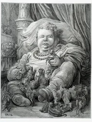 Pantagruel umgibt Kühe - in „Gargantua“ von Rabelais, ill. von Gustave Doré