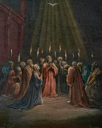 Pfingsten - Pfingsten (Ankunft des Heiligen Geistes) - Pfingsten, die Herabkunft des Heiligen Geistes, gestochen von Gustave Doré (1832-1883) - spätere Kolorierung