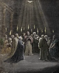 Pfingsten, Herabkunft des Heiligen Geistes auf die Apostel und andere Anhänger Jesu Christi. Stich von Gustave Doré (1832-1883) aus „La Bible“. Privatsammlung