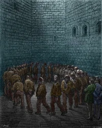 Gefangene machen ihre Runden im Hof des Westgate-Gefängnisses in London, von Gustave Doré
