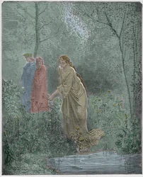 Purgatorio, 27. Gesang: Dantes Traum von Lea auf der Wiese, Illustration aus „Die Göttliche Komödie“ von Dante Alighieri, 1885