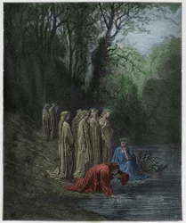 Purgatorio, 33. Gesang: Dante trinkt aus dem Fluss Eunoë, Illustration aus „Die Göttliche Komödie“ von Dante Alighieri, 1885