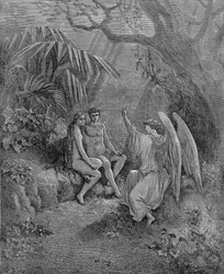 Raphael spricht mit Adam und Eva. Illustration zu John Miltons Paradise Lost, 1866