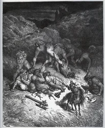 Erzählung der Taten von Felix-Mars von Hyrcania - aus „Don Quijote von der Mancha“ von Miguel Cervantes (1547-1616) - Holzschnitt nach einer Zeichnung von Gustave Doré