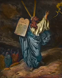 Darstellung des Moses mit den neuen Gesetzestafeln auf dem Berg Sinai - Stich von Gustave Doré (1832-1883) - spätere Kolorierung
