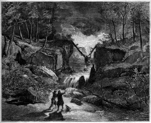 Darstellung einer Oper: Das verrückte Grab im Strom - Letzte Szene, Akt II von „Pardon de Ploermel“, komische Oper von 1859 nach einem Libretto von Michel Carré (1819-1872) und Jules Barbier (1822-1901), und Musik von Giacomo Meyerbeer (1791-1864) - Theate