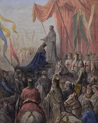 Saint Bernard de Clairvaux predigt den zweiten Kreuzzug in Anwesenheit von König Ludwig VII., Königin Alienor von Aquitanien und Abt Suger