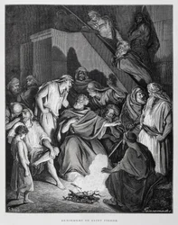Der heilige Petrus verleugnet Christus, Illustration aus der Dore-Bibel